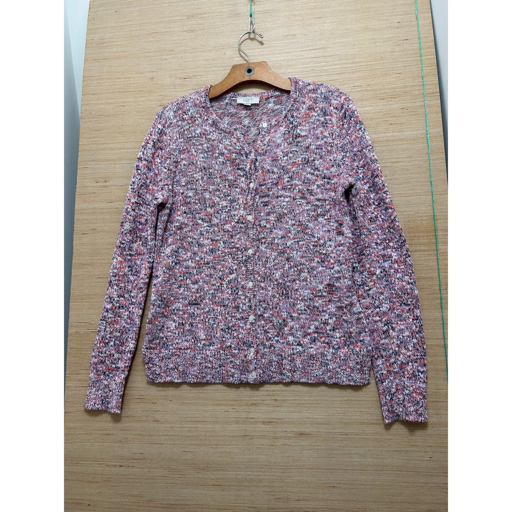 LOFT Space Dye Cardigan Sweater Womens Medium Pink Purple Multi Color Knit